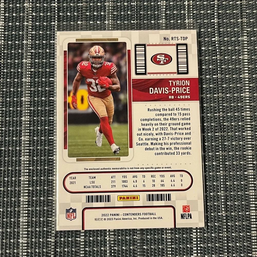 Patch Card Jersey 🏈 Tyron Davis-Price Panini Rookie Ticket Card #RTS-TDP